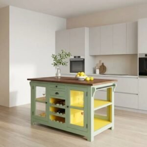 Glass door kitchen island with wine rack, top oak – Rusztikus tömörfa konyhasziget és bárpult